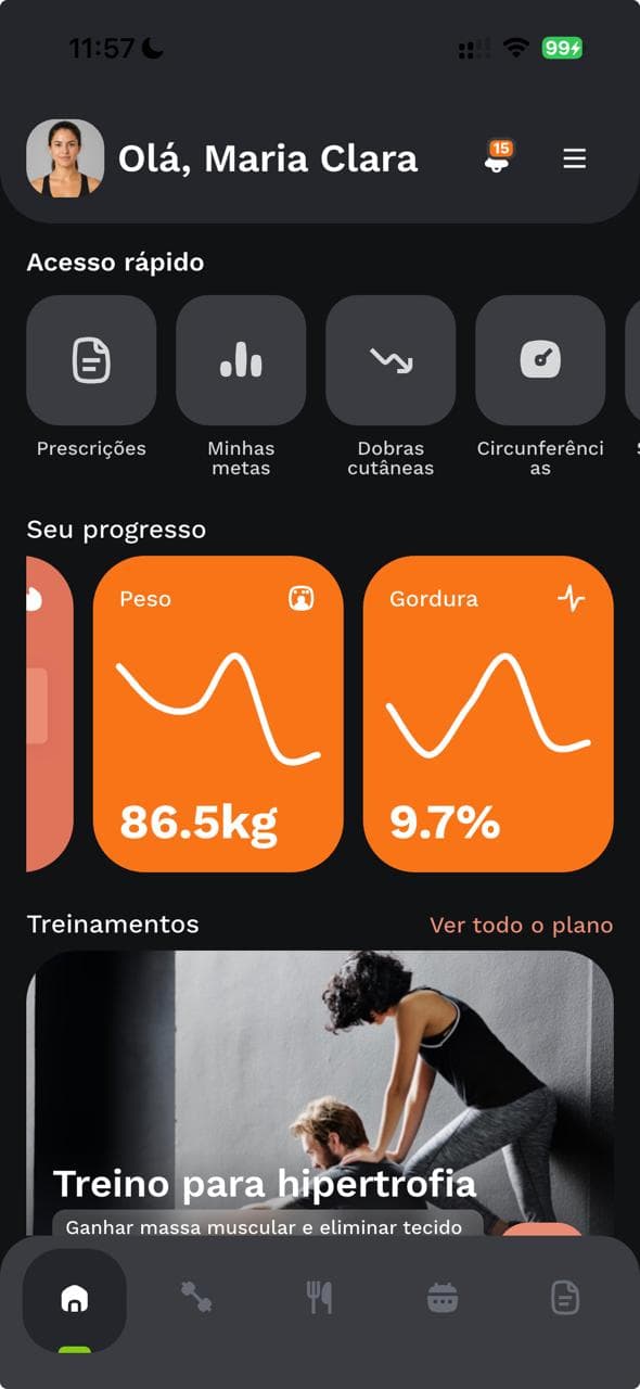 Tela real do aplicativo mostrando metas, evolução e treinamento do paciente