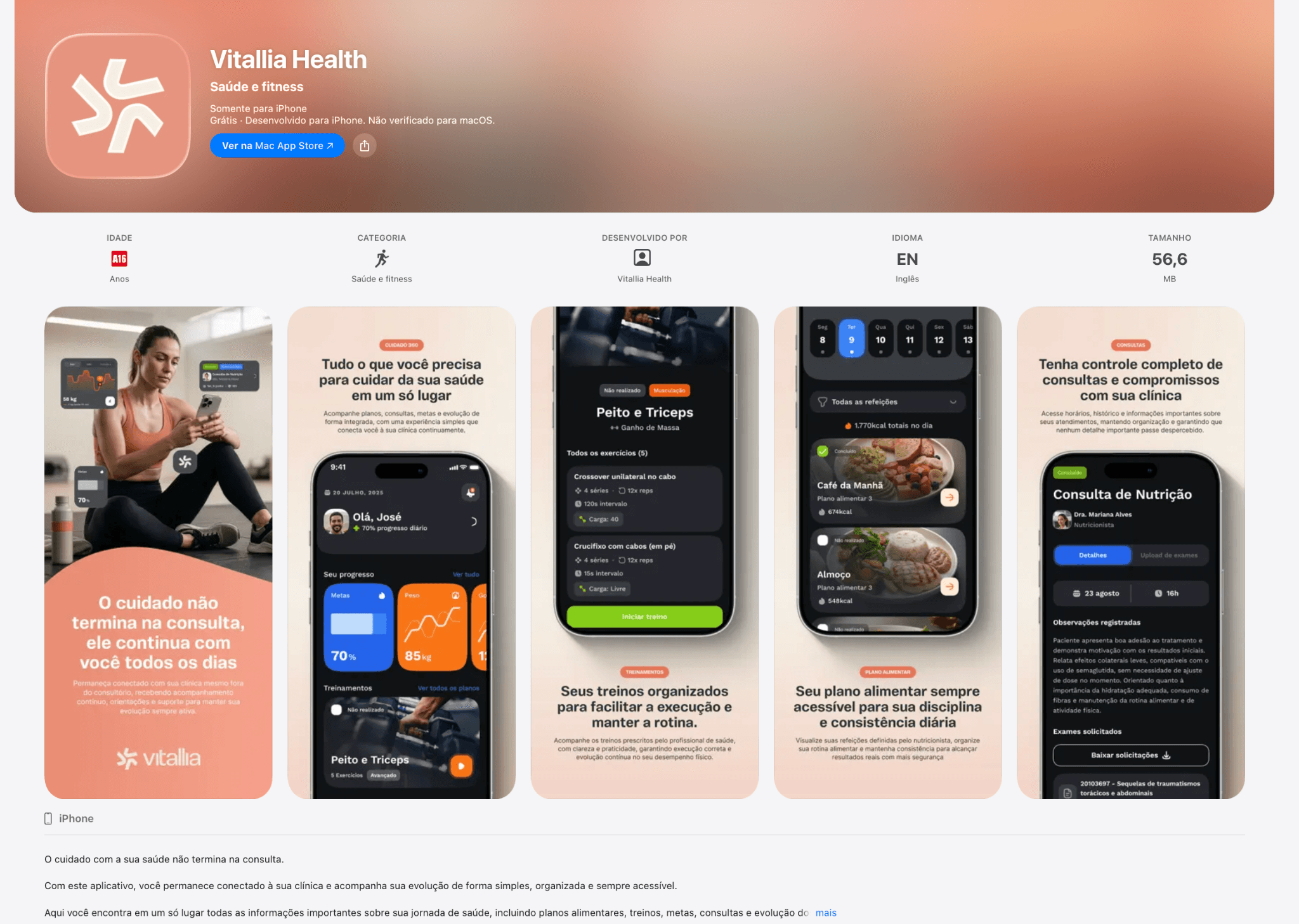 Página do aplicativo Vitallia Health na App Store, com a identidade visual e as telas do aplicativo